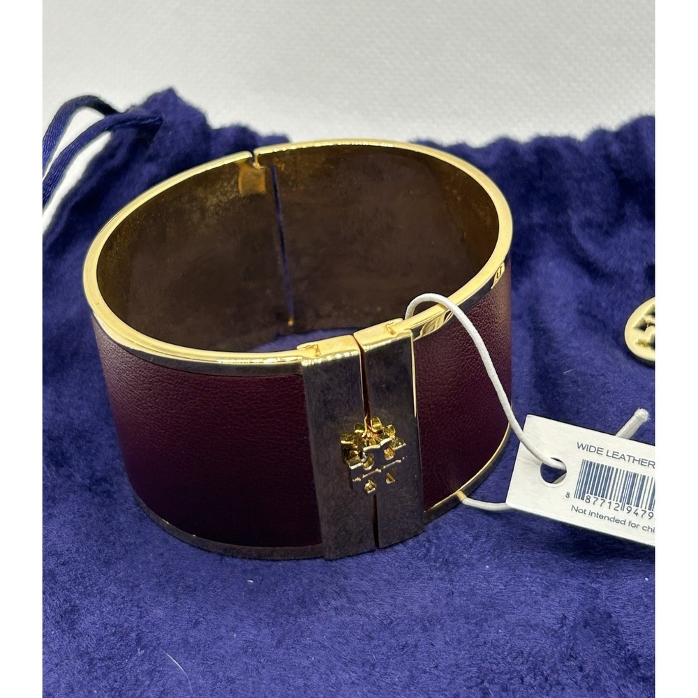 Tory Burch‎ Wide Leather Inlay Cuff Bracelet Brown Gold Logo Box and Dust Bag 6"